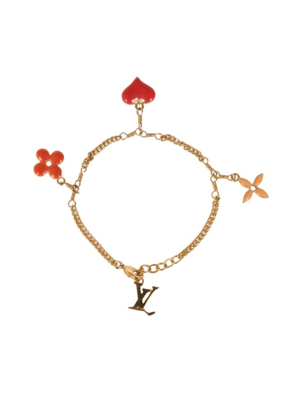 Louis Vuitton LV Charm Bracelet Fleur Heart Gold Red Pink Logo Chain Link